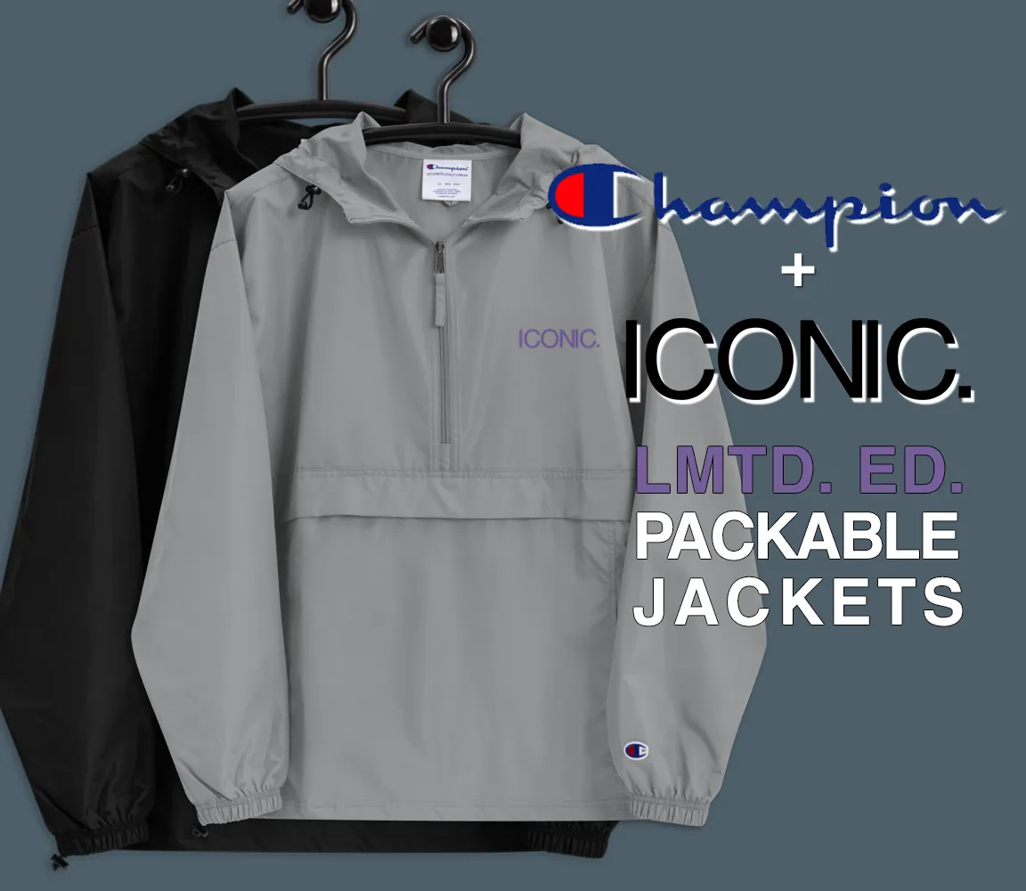 CHAMPION   ROYAL ICONIC. | Embroidered Logo Unisex Hooded Packable Windbreaker Lite Coaches Jacket Graphite Grey w/ Purple Logo