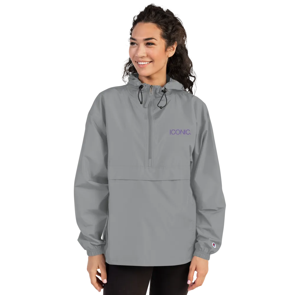 CHAMPION   ROYAL ICONIC. | Embroidered Logo Unisex Hooded Packable Windbreaker Lite Coaches Jacket Graphite Grey w/ Purple Logo