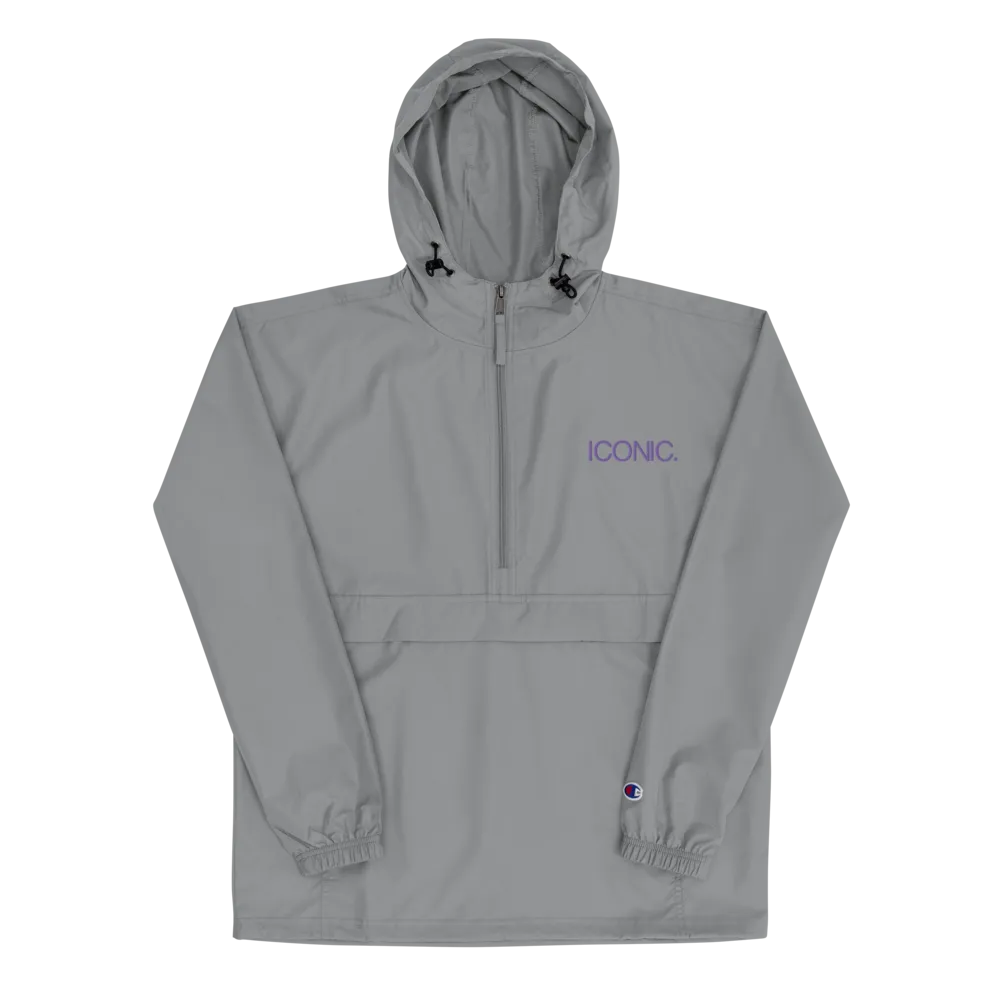 CHAMPION   ROYAL ICONIC. | Embroidered Logo Unisex Hooded Packable Windbreaker Lite Coaches Jacket Graphite Grey w/ Purple Logo