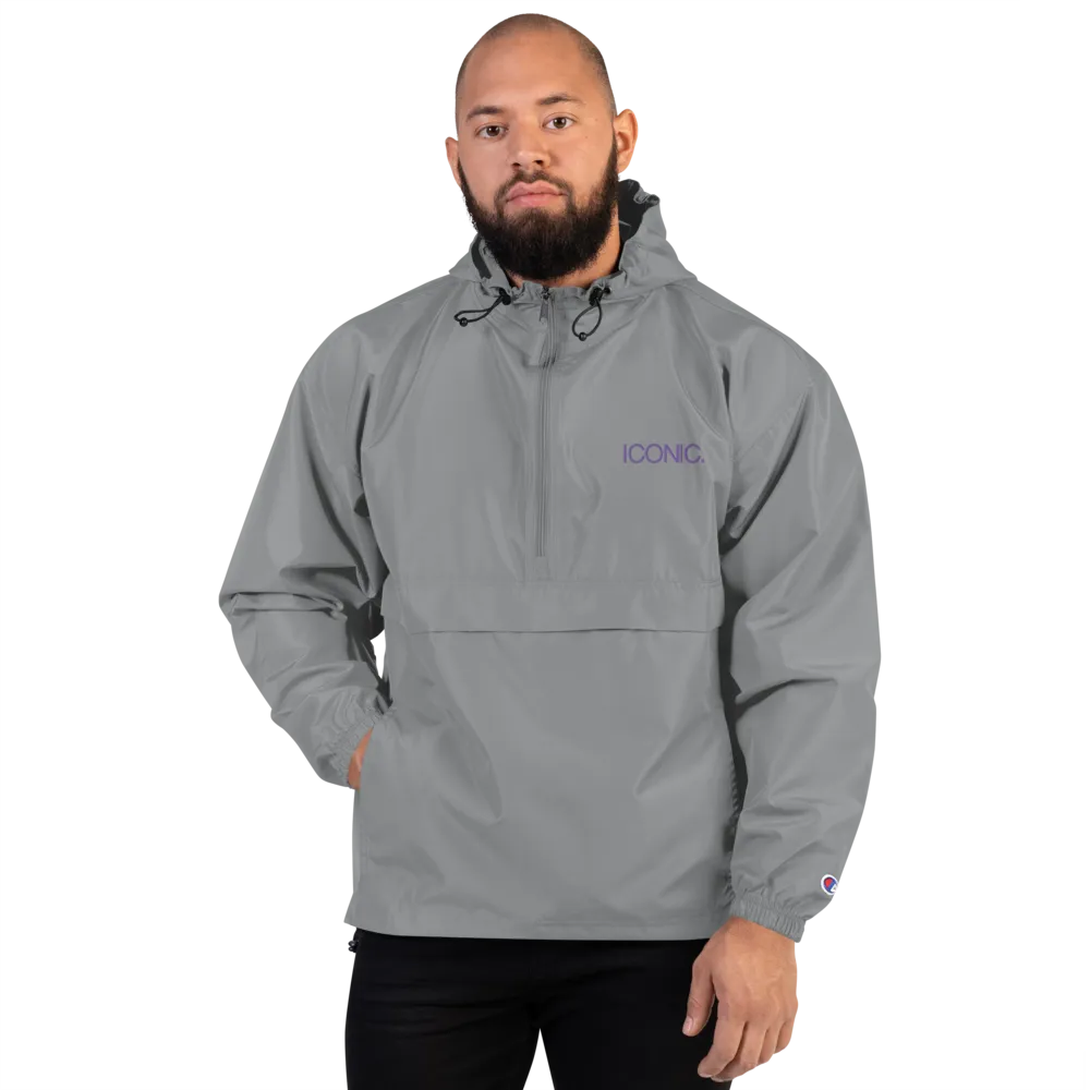 CHAMPION   ROYAL ICONIC. | Embroidered Logo Unisex Hooded Packable Windbreaker Lite Coaches Jacket Graphite Grey w/ Purple Logo