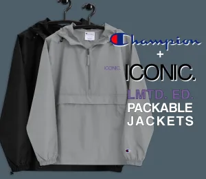 CHAMPION   ROYAL ICONIC. | Embroidered Logo Unisex Hooded Packable Windbreaker Lite Coaches Jacket Graphite Grey w/ Purple Logo