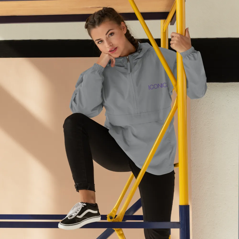 CHAMPION   ROYAL ICONIC. | Embroidered Logo Unisex Hooded Packable Windbreaker Lite Coaches Jacket Graphite Grey w/ Purple Logo