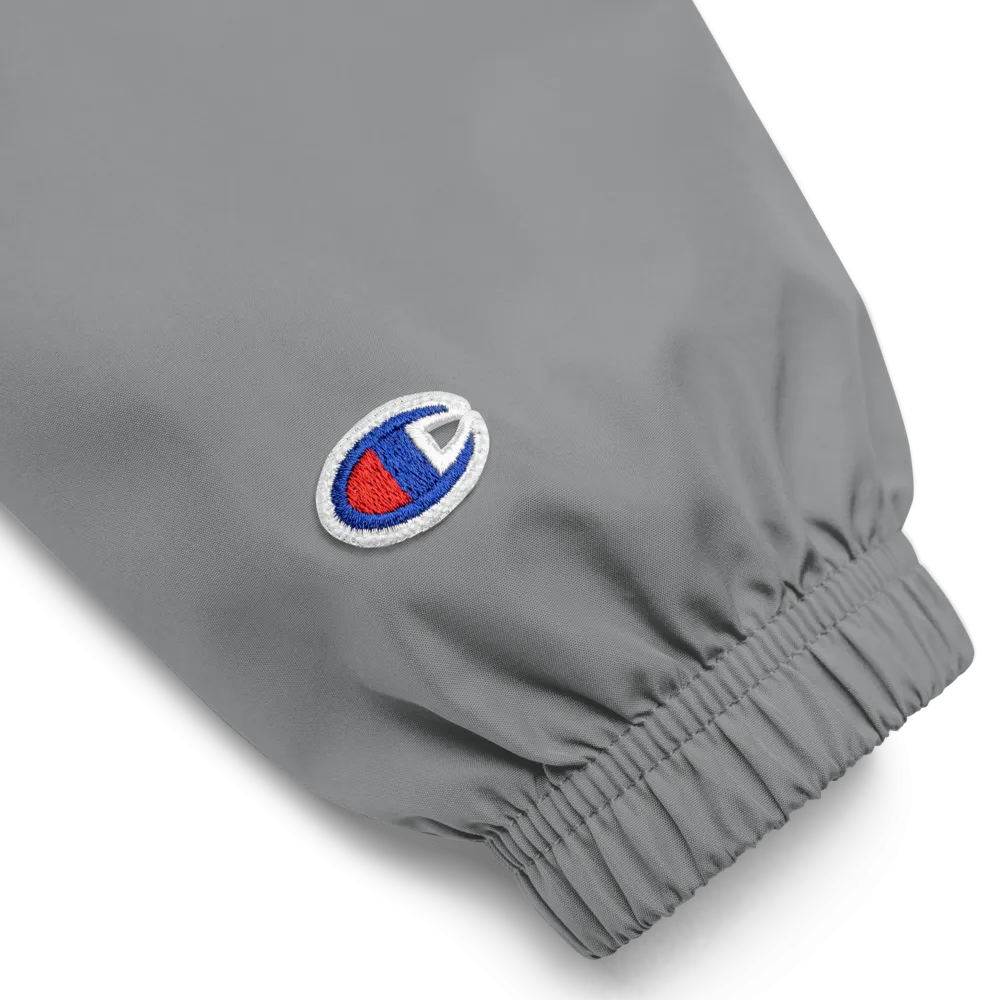 CHAMPION   ROYAL ICONIC. | Embroidered Logo Unisex Hooded Packable Windbreaker Lite Coaches Jacket Graphite Grey w/ Purple Logo