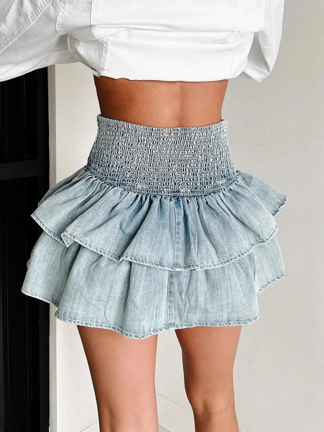 CHARTOU Women 2025 Denim Mini Skirt Smocked High Waist Y2k Tiered Ruffle Cute Short Jean Skirt