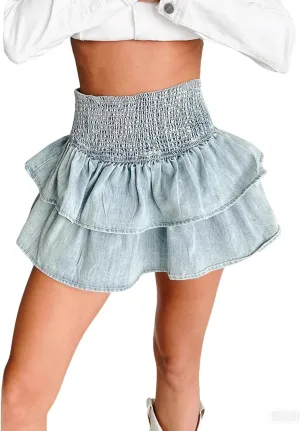 CHARTOU Women 2025 Denim Mini Skirt Smocked High Waist Y2k Tiered Ruffle Cute Short Jean Skirt