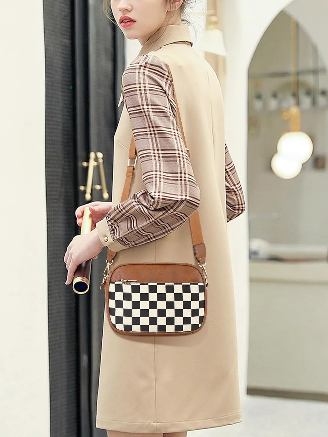 Checkered Crossbody Bags for Women Plaid Womens Cross Body Purses Checkerboard Leather Shoulder Bag Handbags