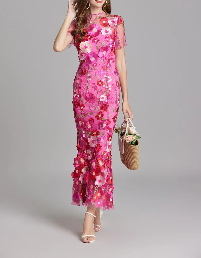 Chesley Floral Embroidery Mesh Fishtail Midi Dress In Pink