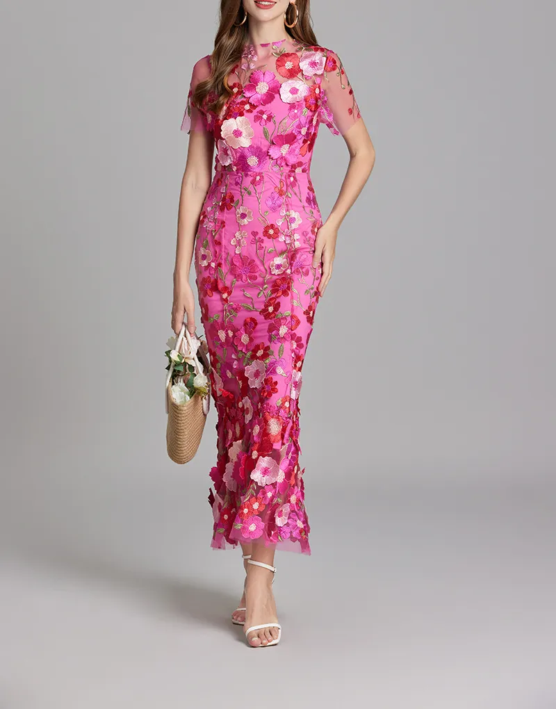 Chesley Floral Embroidery Mesh Fishtail Midi Dress In Pink