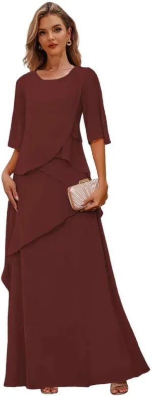 Chiffon Mother of The Bride Dresses for Women Tiered Wedding Party Dress with Sleeves Long Formal Gown