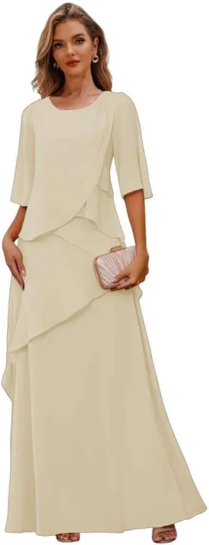 Chiffon Mother of The Bride Dresses for Women Tiered Wedding Party Dress with Sleeves Long Formal Gown