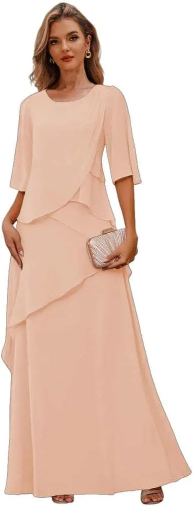 Chiffon Mother of The Bride Dresses for Women Tiered Wedding Party Dress with Sleeves Long Formal Gown