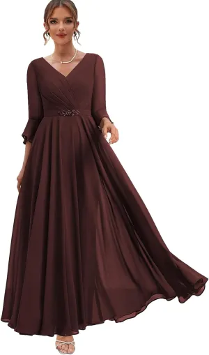 Chiffon Mother of The Bride Dresses with Sleeves Corset Formal Wedding Guest Dress for Women V Neck Evening Gown
