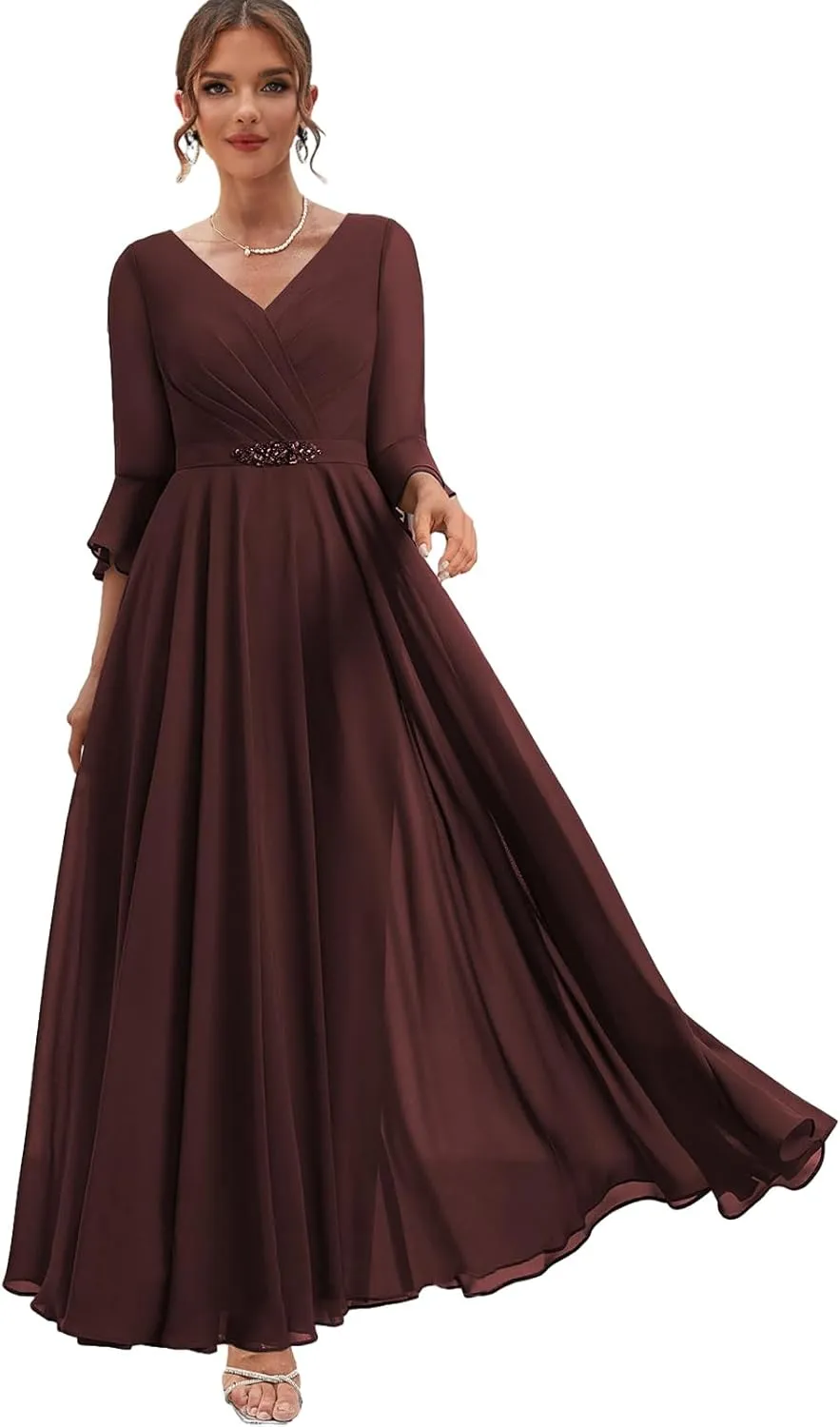 Chiffon Mother of The Bride Dresses with Sleeves Corset Formal Wedding Guest Dress for Women V Neck Evening Gown