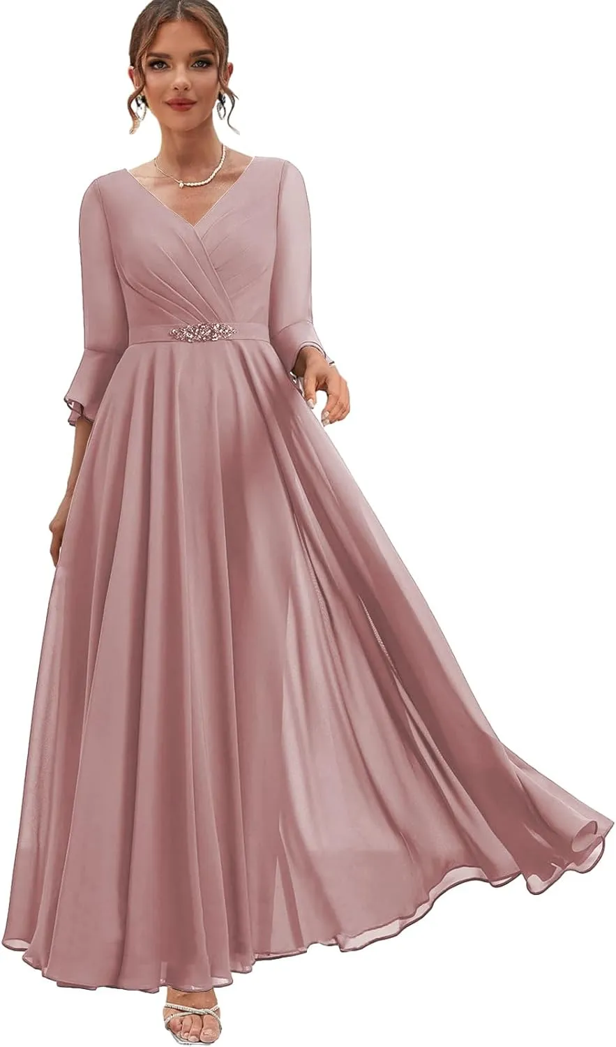 Chiffon Mother of The Bride Dresses with Sleeves Corset Formal Wedding Guest Dress for Women V Neck Evening Gown