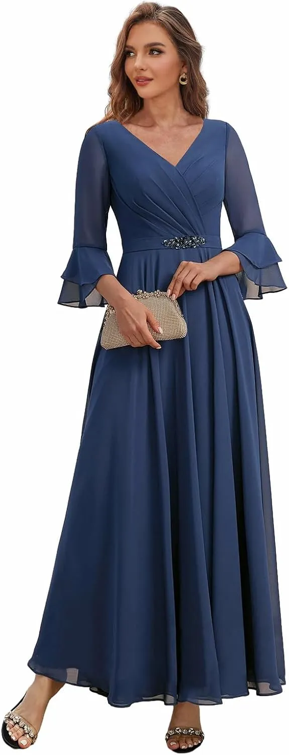 Chiffon Mother of The Bride Dresses with Sleeves Corset Formal Wedding Guest Dress for Women V Neck Evening Gown