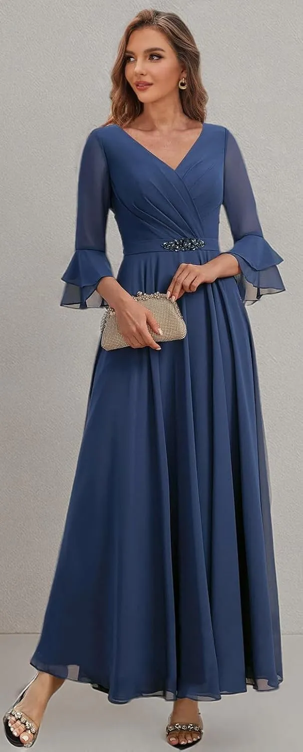 Chiffon Mother of The Bride Dresses with Sleeves Corset Formal Wedding Guest Dress for Women V Neck Evening Gown