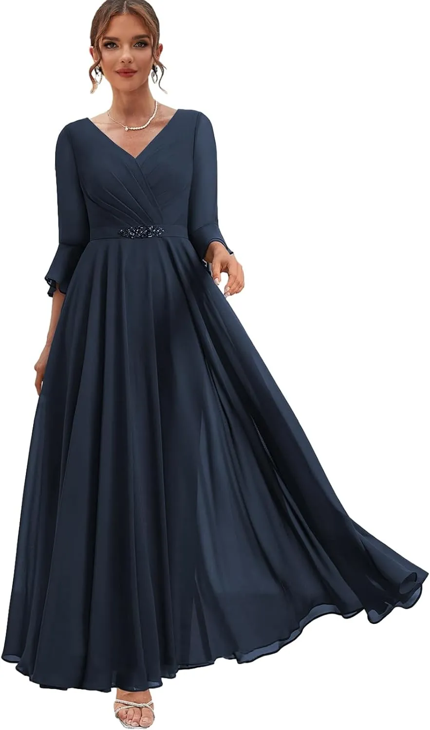 Chiffon Mother of The Bride Dresses with Sleeves Corset Formal Wedding Guest Dress for Women V Neck Evening Gown