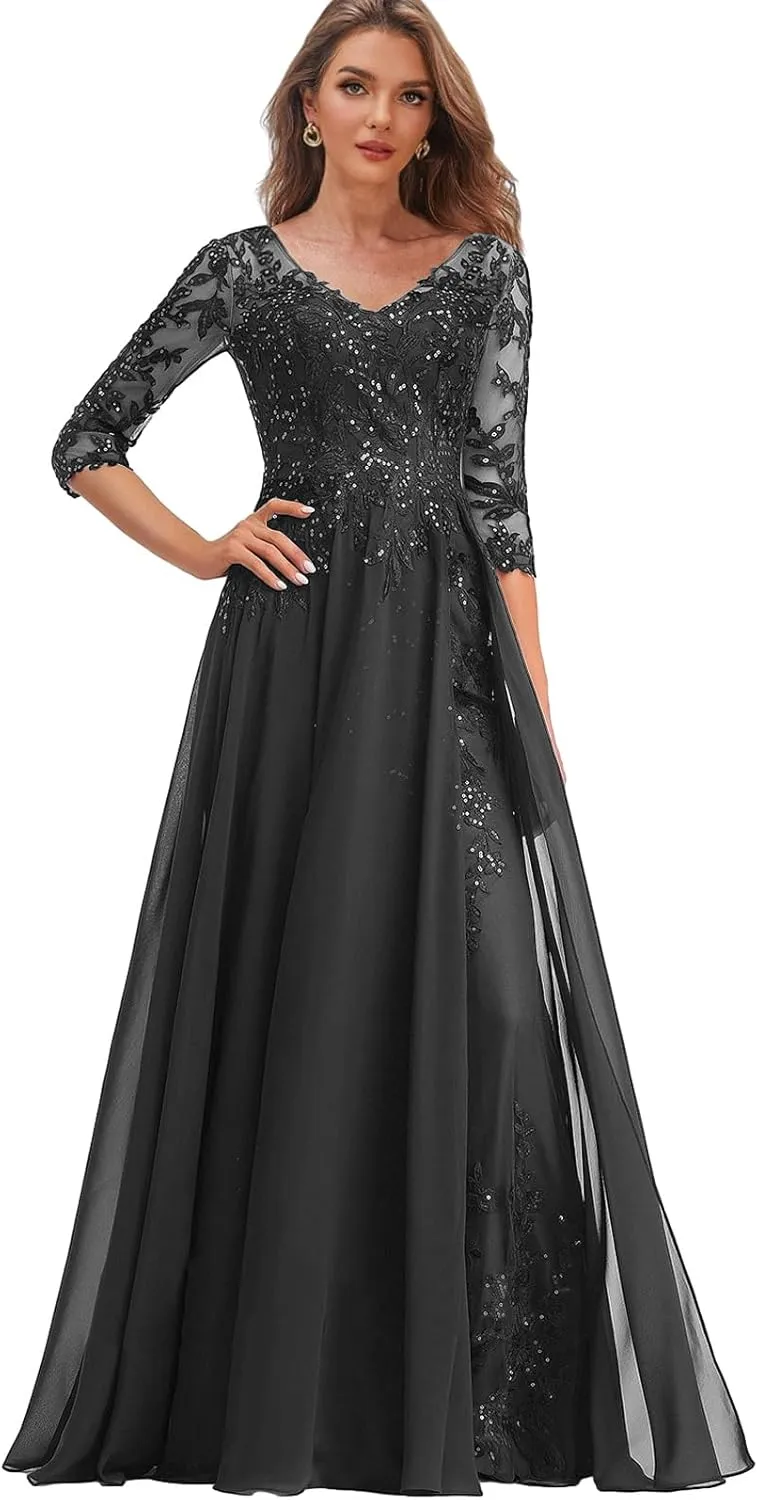 Chiffon Mother of The Bride Dresses with Sleeves Lace Wedding Party Dress for Women V Neck Long Formal Gown
