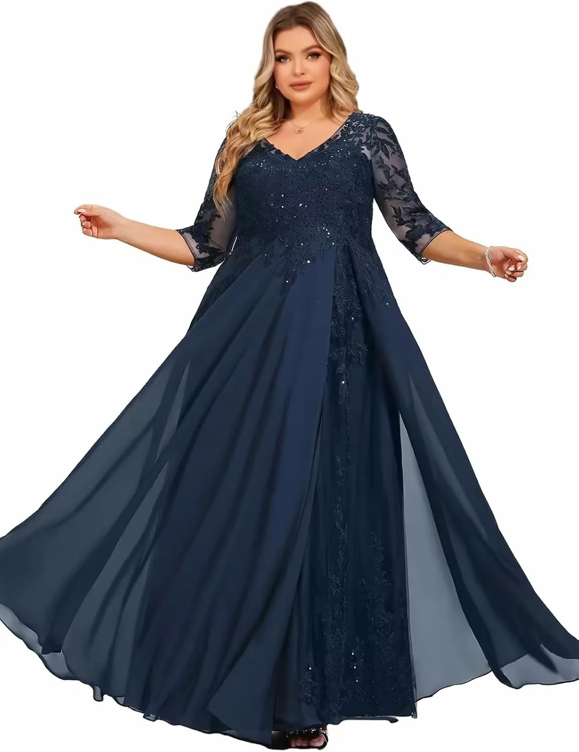 Chiffon Mother of The Bride Dresses with Sleeves Lace Wedding Party Dress for Women V Neck Long Formal Gown