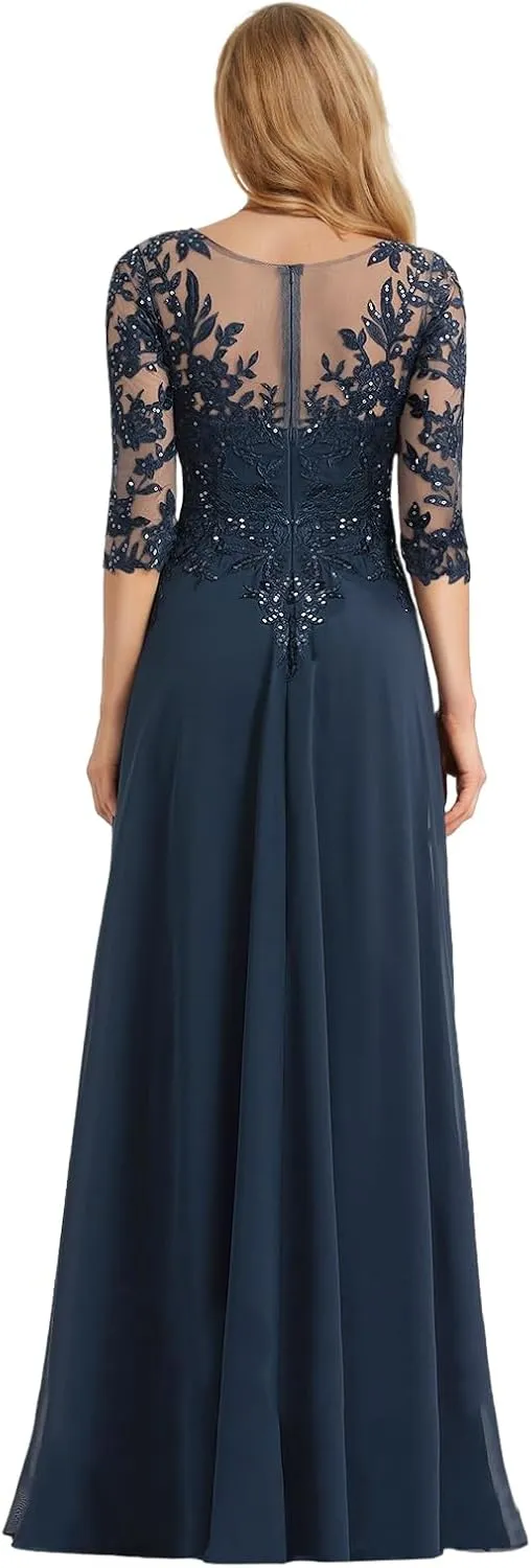 Chiffon Mother of The Bride Dresses with Sleeves Lace Wedding Party Dress for Women V Neck Long Formal Gown