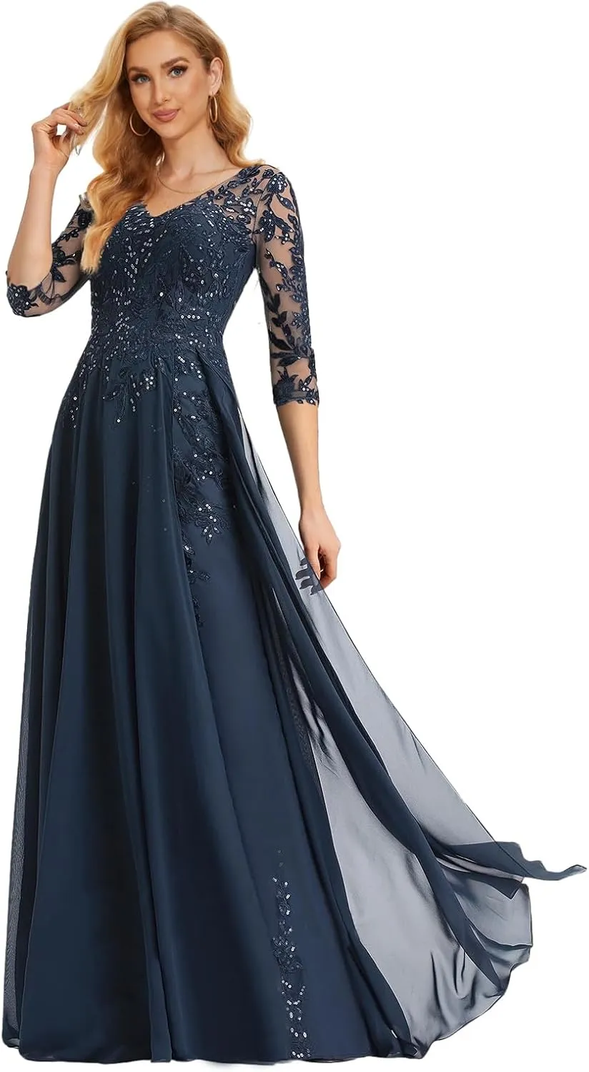 Chiffon Mother of The Bride Dresses with Sleeves Lace Wedding Party Dress for Women V Neck Long Formal Gown