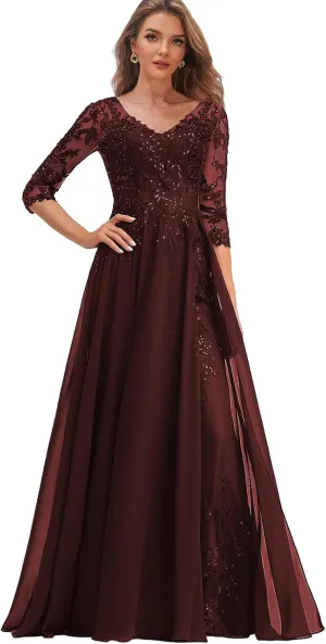 Chiffon Mother of The Bride Dresses with Sleeves Lace Wedding Party Dress for Women V Neck Long Formal Gown