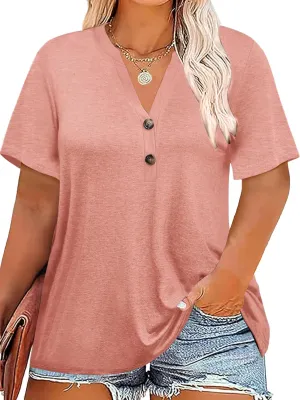 Chulianyouhuo Plus Size Tops for Women Summer V Neck Short Sleeve Tee Shirts Henley Button Casual Loose Fit Blouse