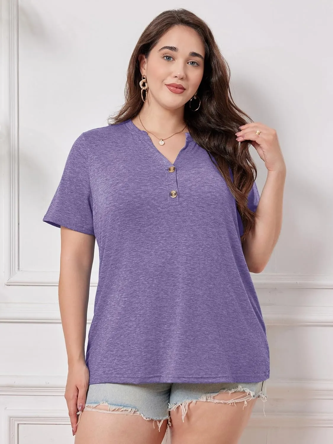 Chulianyouhuo Plus Size Tops for Women Summer V Neck Short Sleeve Tee Shirts Henley Button Casual Loose Fit Blouse