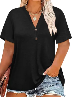 Chulianyouhuo Plus Size Tops for Women Summer V Neck Short Sleeve Tee Shirts Henley Button Casual Loose Fit Blouse