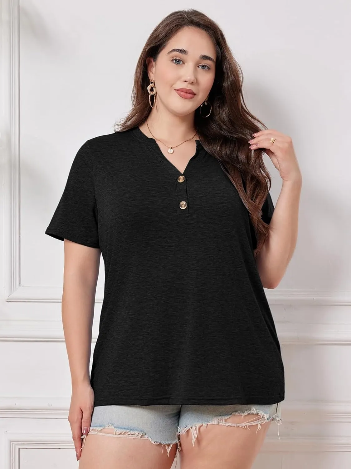 Chulianyouhuo Plus Size Tops for Women Summer V Neck Short Sleeve Tee Shirts Henley Button Casual Loose Fit Blouse