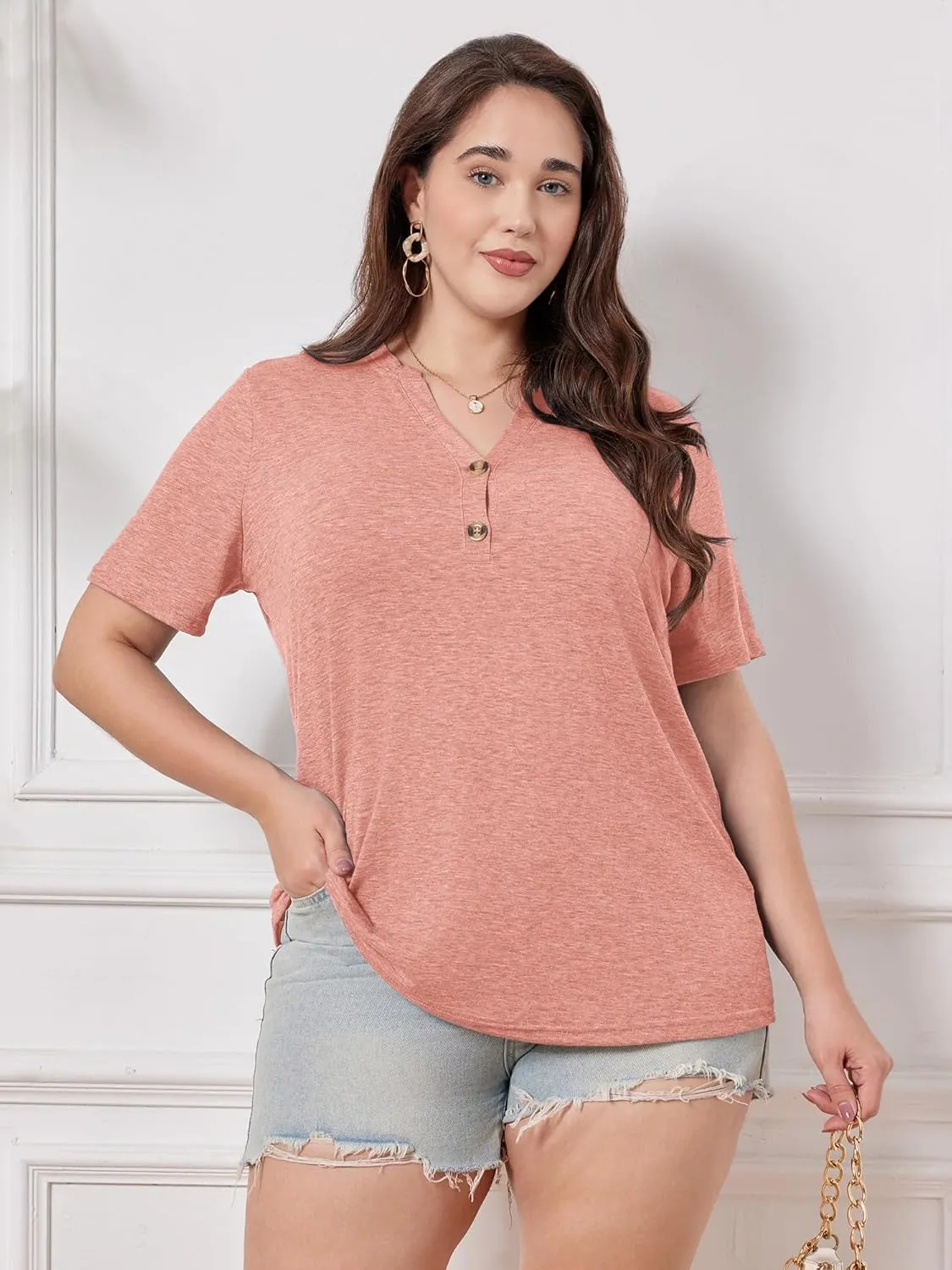 Chulianyouhuo Plus Size Tops for Women Summer V Neck Short Sleeve Tee Shirts Henley Button Casual Loose Fit Blouse