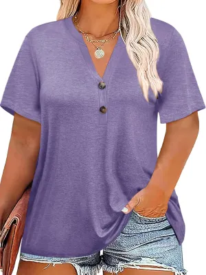 Chulianyouhuo Plus Size Tops for Women Summer V Neck Short Sleeve Tee Shirts Henley Button Casual Loose Fit Blouse