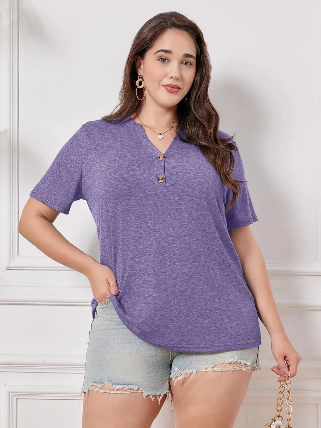 Chulianyouhuo Plus Size Tops for Women Summer V Neck Short Sleeve Tee Shirts Henley Button Casual Loose Fit Blouse