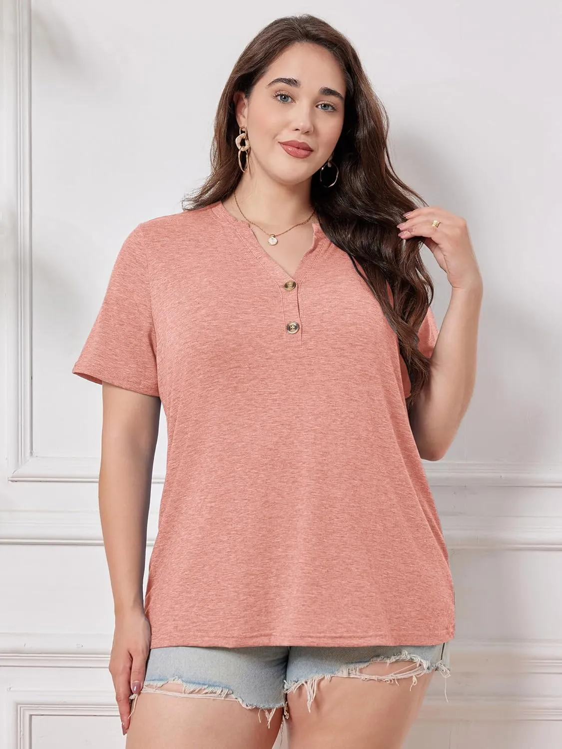 Chulianyouhuo Plus Size Tops for Women Summer V Neck Short Sleeve Tee Shirts Henley Button Casual Loose Fit Blouse