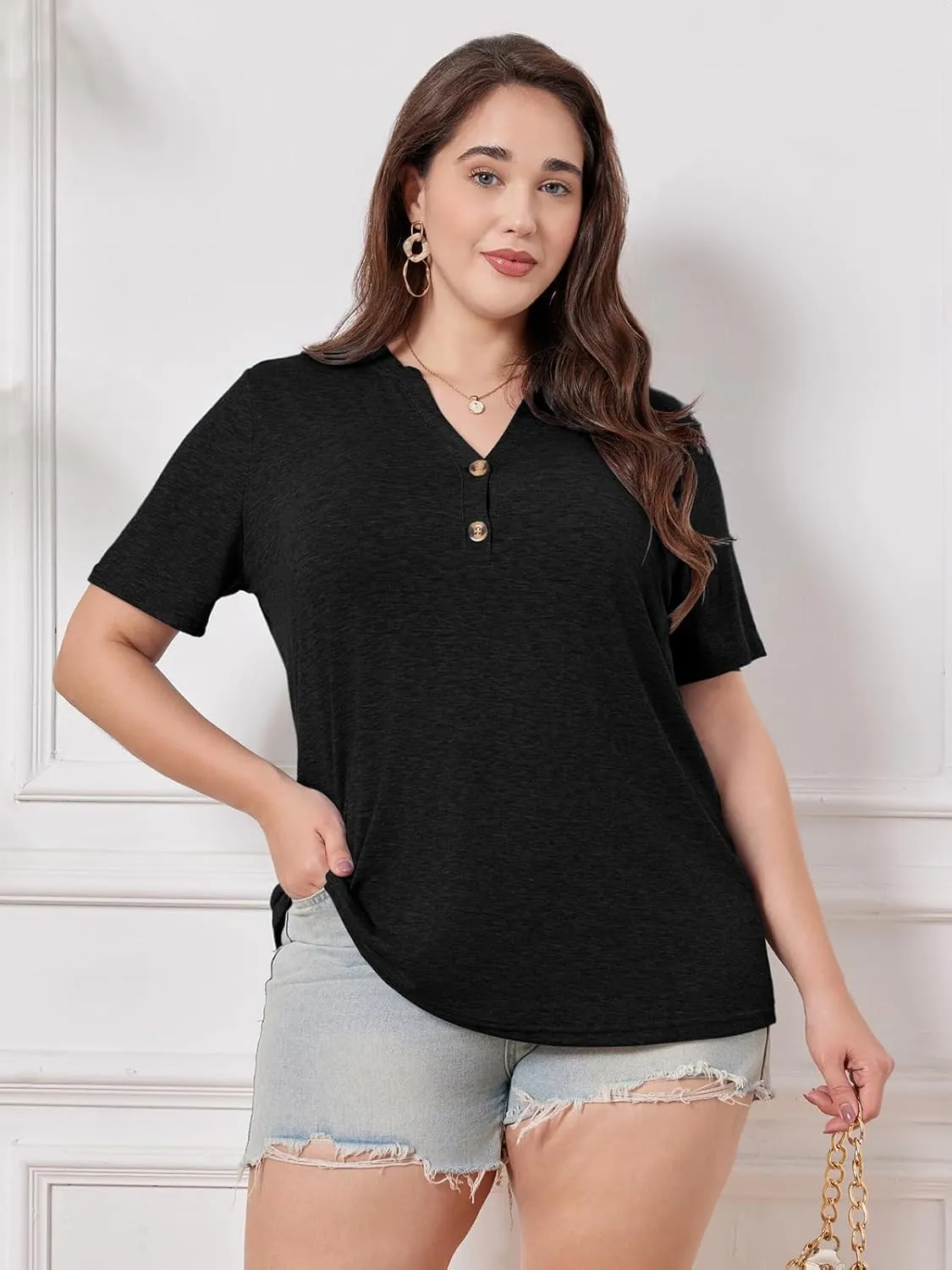Chulianyouhuo Plus Size Tops for Women Summer V Neck Short Sleeve Tee Shirts Henley Button Casual Loose Fit Blouse