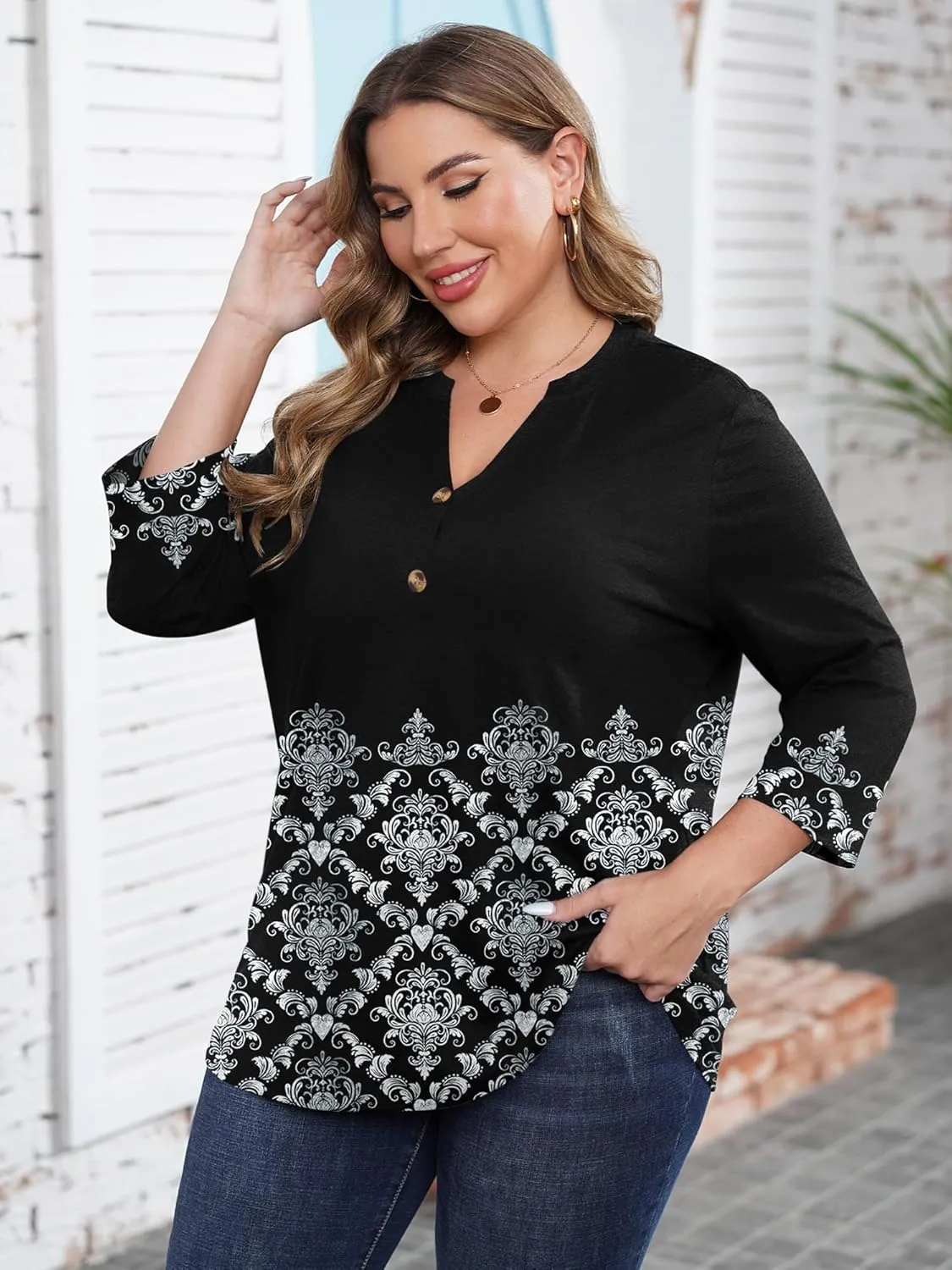 Chulianyouhuo Womens Plus Size 3/4 Sleeve Tops Casual V Neck Button Tee Shirts Basic Loose Fit Tunic Blouse