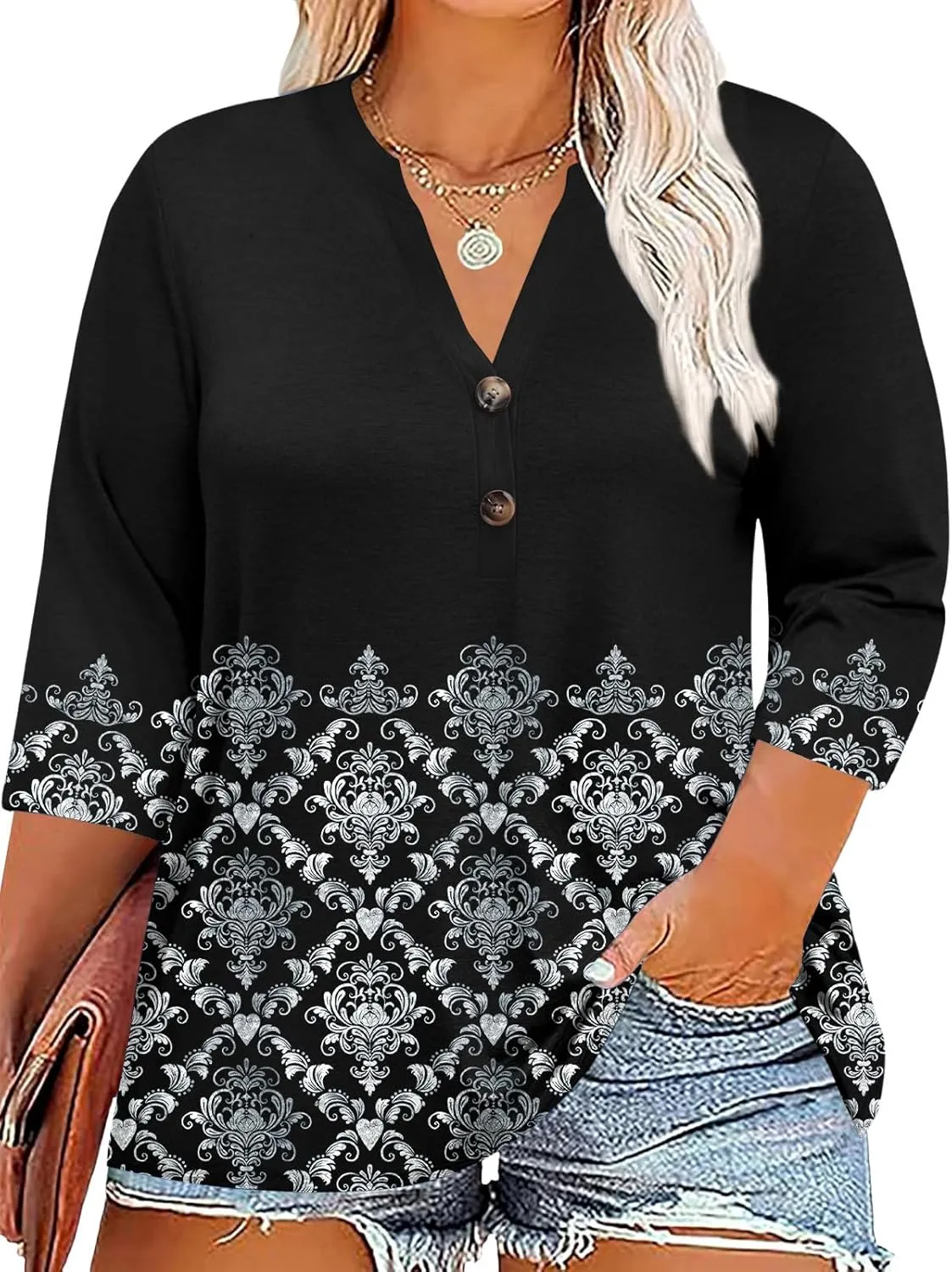 Chulianyouhuo Womens Plus Size 3/4 Sleeve Tops Casual V Neck Button Tee Shirts Basic Loose Fit Tunic Blouse