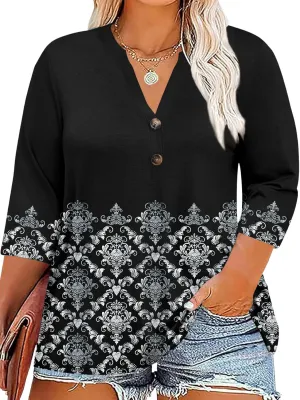 Chulianyouhuo Womens Plus Size 3/4 Sleeve Tops Casual V Neck Button Tee Shirts Basic Loose Fit Tunic Blouse