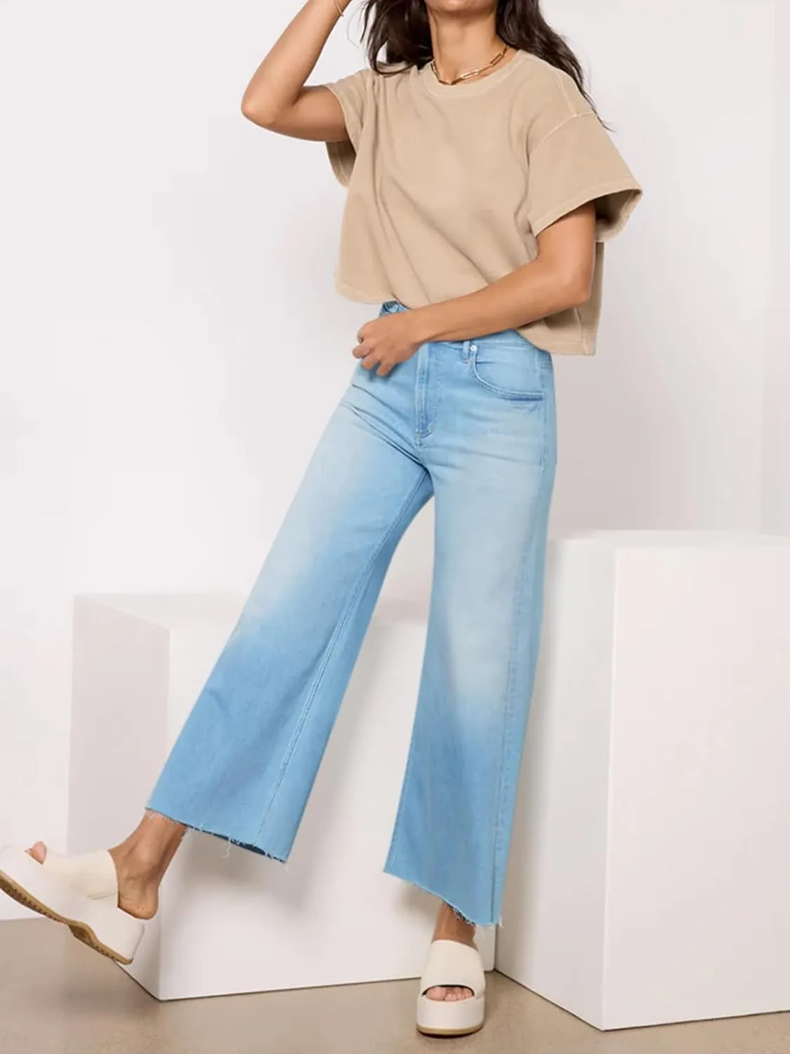 Cicy Bell Womens Cropped Wide Leg Jeans High Waisted Stretchy Flare Jeans Boyfriend Baggy Ankle Denim Pants with Pockets