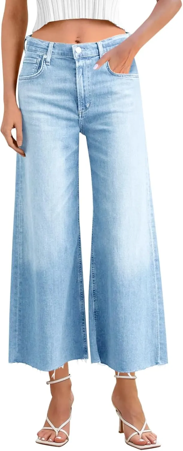 Cicy Bell Womens Cropped Wide Leg Jeans High Waisted Stretchy Flare Jeans Boyfriend Baggy Ankle Denim Pants with Pockets