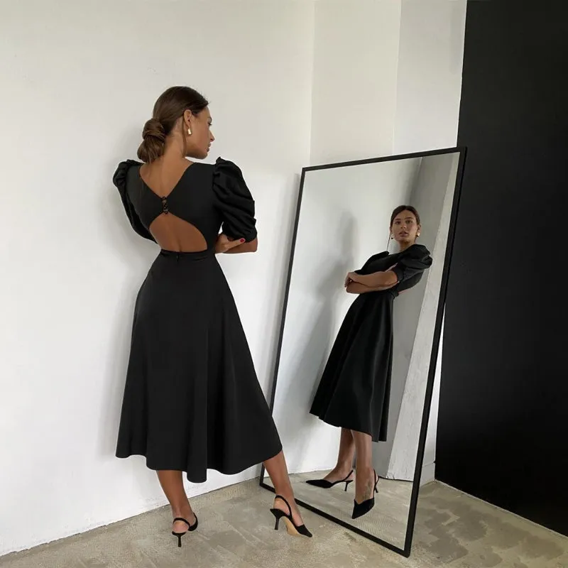 Classy Summer Fashion Puff Sleeve Backless Midi Dresses