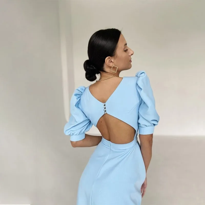 Classy Summer Fashion Puff Sleeve Backless Midi Dresses