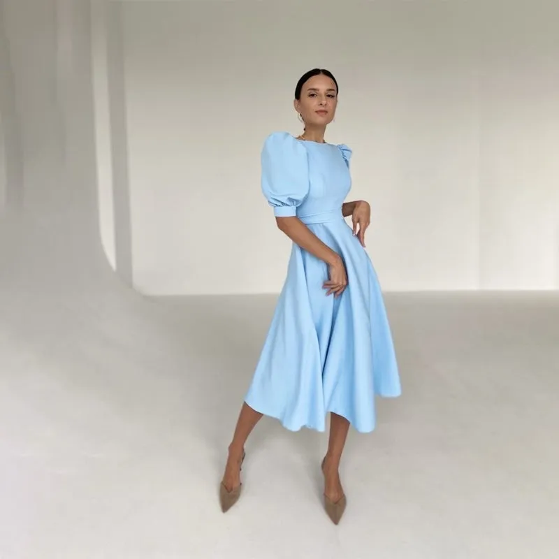 Classy Summer Fashion Puff Sleeve Backless Midi Dresses