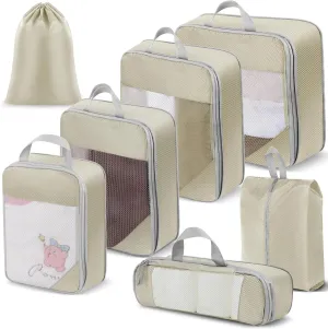 Compression Storage Bags, Mesh Luggage Organizer, Expandable Travel Organizer, Set of 7 (Beige)