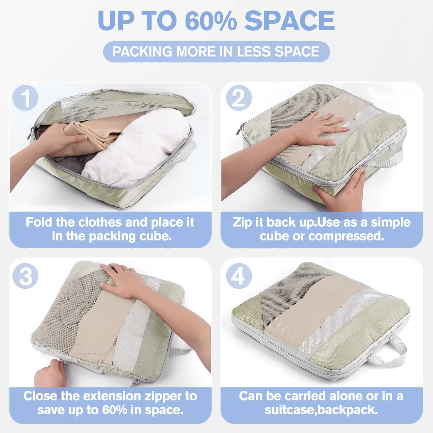 Compression Storage Bags, Mesh Luggage Organizer, Expandable Travel Organizer, Set of 7 (Beige)