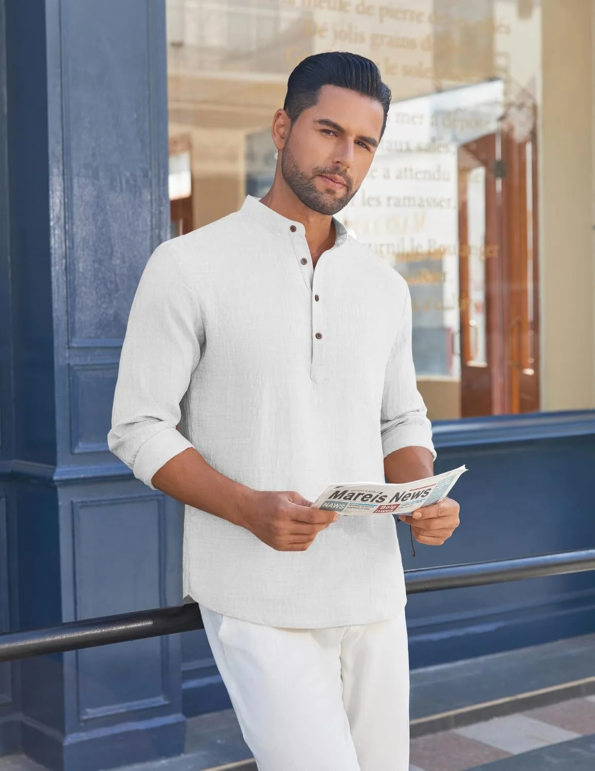 COOFANDY Men's Casual Henley Shirt Long Sleeve Band Collar Shirts Summer Beach Hippie Button T-Shirts