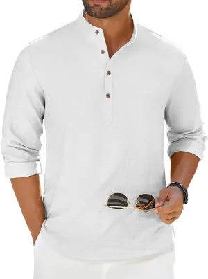 COOFANDY Men's Casual Henley Shirt Long Sleeve Band Collar Shirts Summer Beach Hippie Button T-Shirts