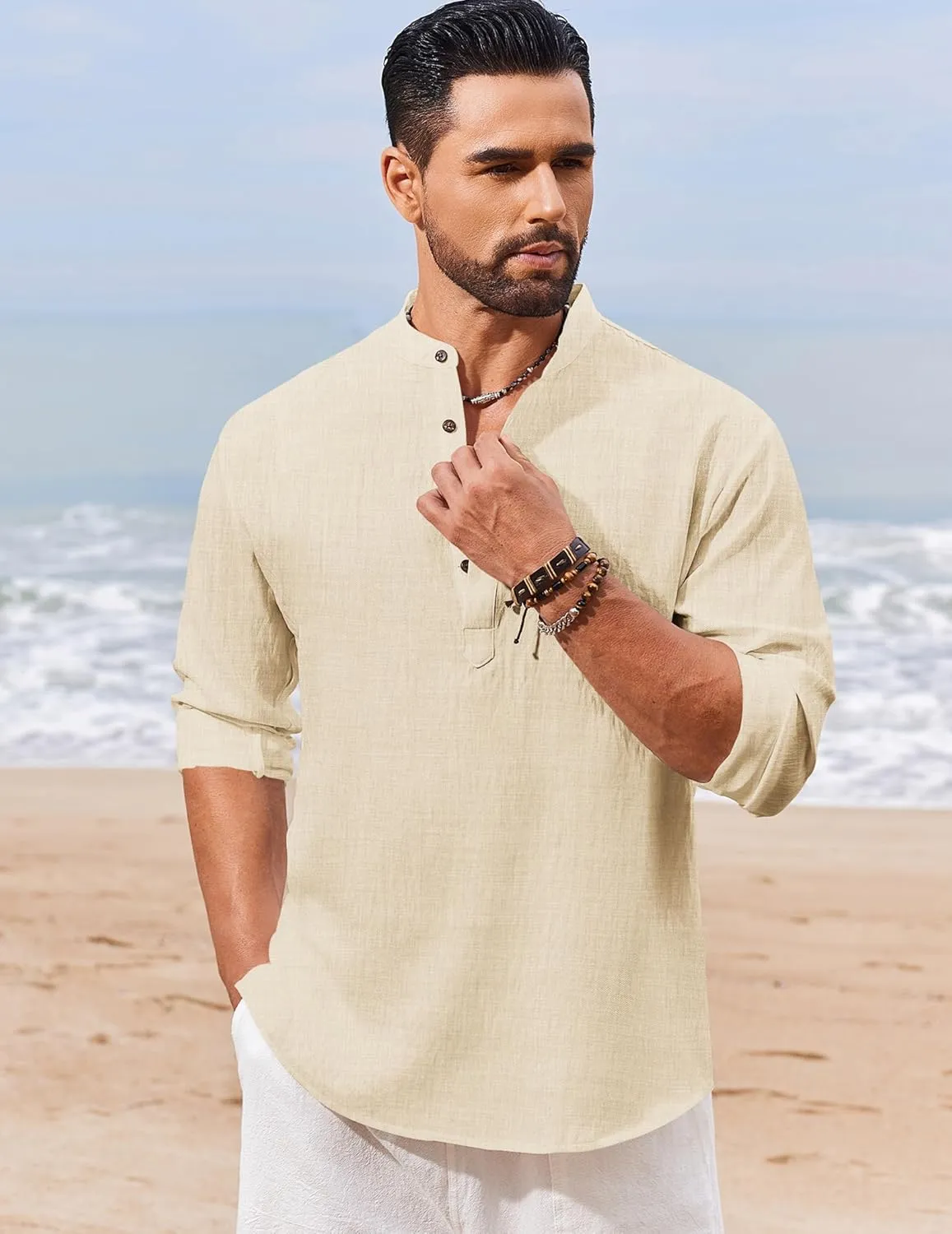 COOFANDY Men's Casual Henley Shirt Long Sleeve Band Collar Shirts Summer Beach Hippie Button T-Shirts