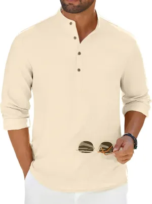 COOFANDY Men's Casual Henley Shirt Long Sleeve Band Collar Shirts Summer Beach Hippie Button T-Shirts