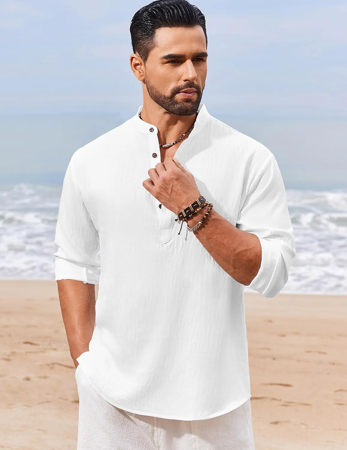 COOFANDY Men's Casual Henley Shirt Long Sleeve Band Collar Shirts Summer Beach Hippie Button T-Shirts